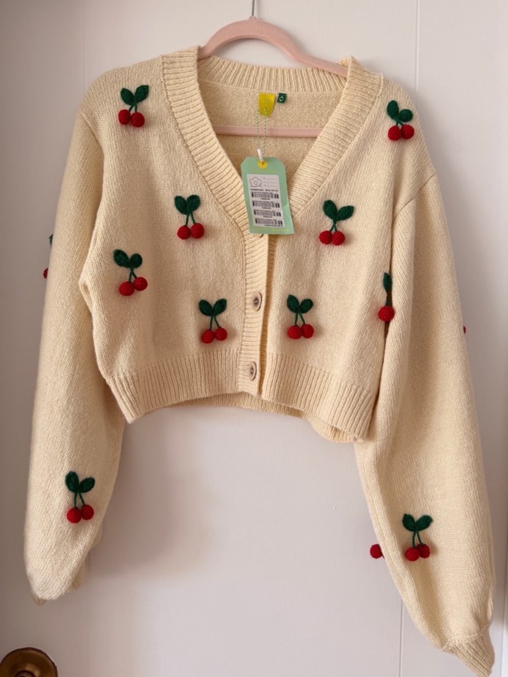 FARM Rio Cream Cropped Cardigan with Red Cherry Embroidery - Picture 2 of 7